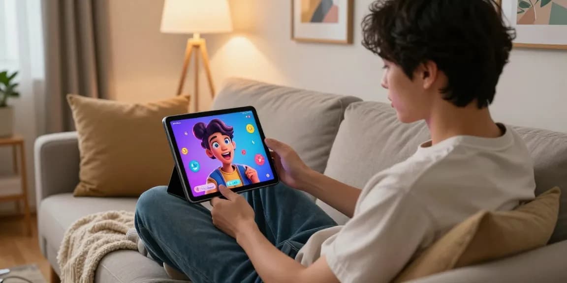 Engaging ai porn chat scene with a person interacting with an AI character on a tablet in a cozy living room.