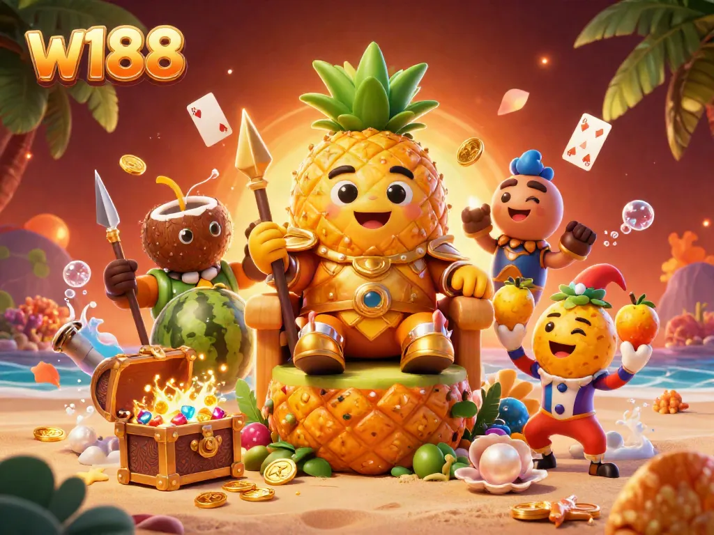 Experience the vibrant world of w188 with a colorful casino scene featuring the pineapple king and treasure.