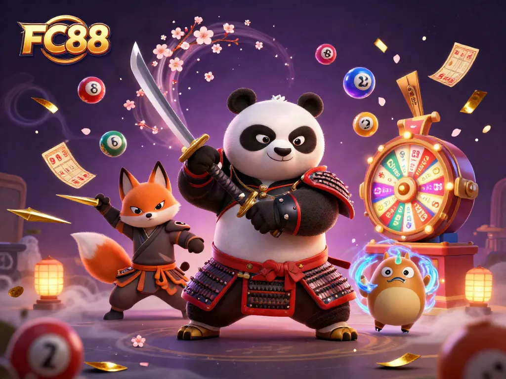 FC88 showcases colorful lottery elements alongside a fierce samurai panda and ninja fox in a dynamic casino scene.