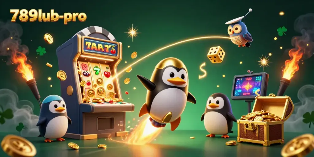 Experience the thrill of 789lub-pro with a golden penguin racing towards a dazzling casino!