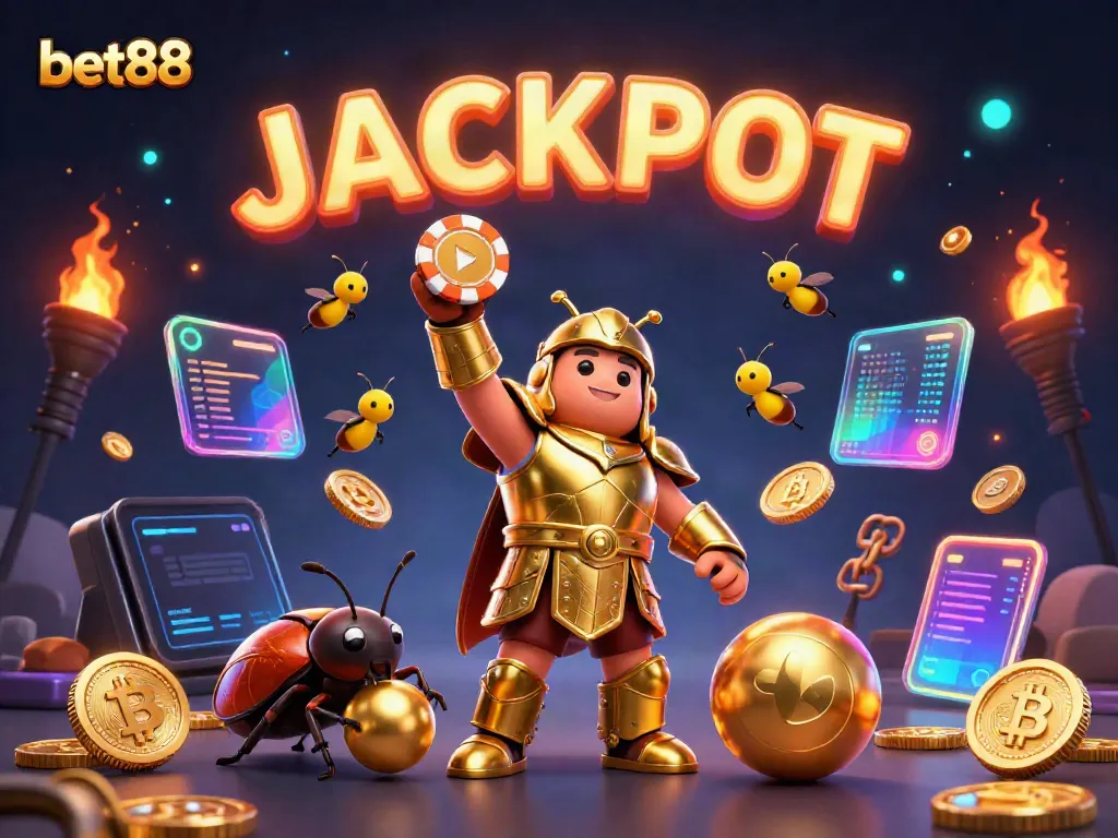 Engage in a thrilling bet88 casino experience with a vibrant 3D jackpot scene featuring a gladiator beetle champion.
