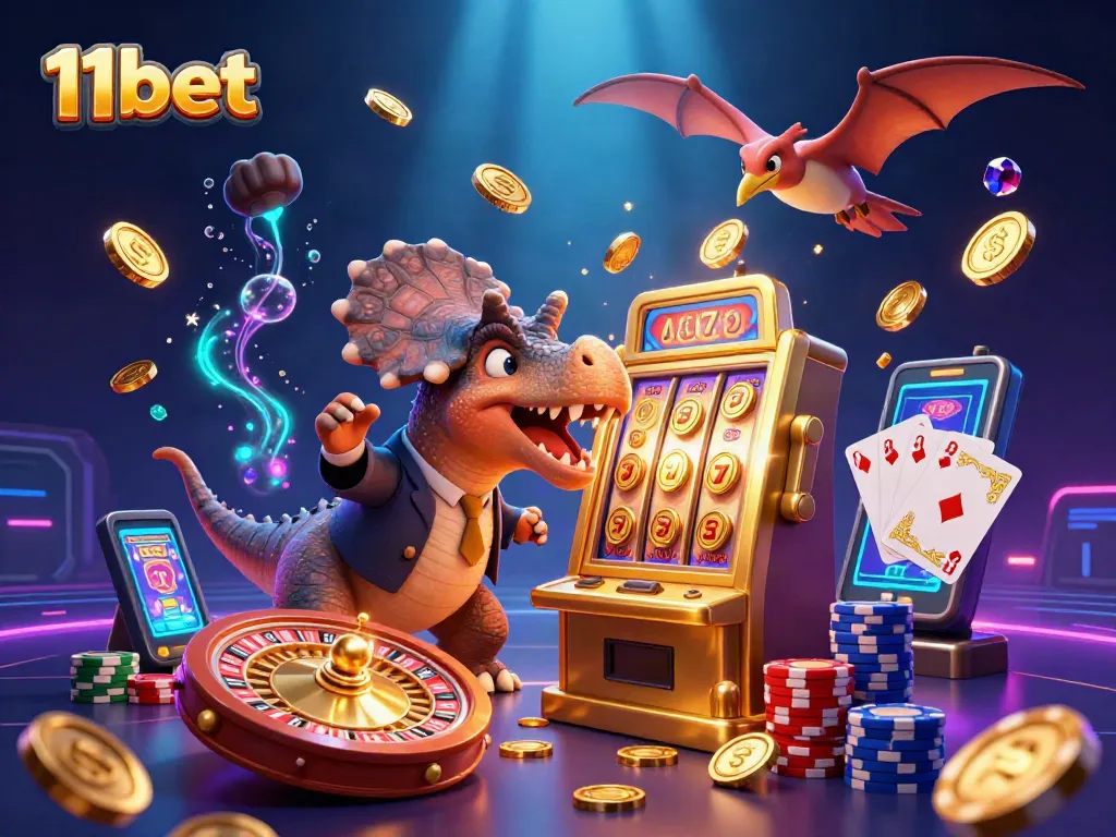 Experience large wins at 11bet with a cartoon dino in a vibrant casino scene, celebrating jackpot payouts.