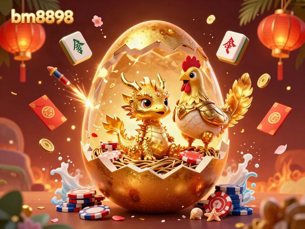 Experience excitement at bm8898 with a dazzling dragon and poker chips amidst vibrant festive elements.
