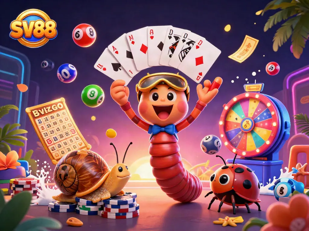 SV88 showcases a vibrant casino scene with a millipede dealer and dynamic gambling elements