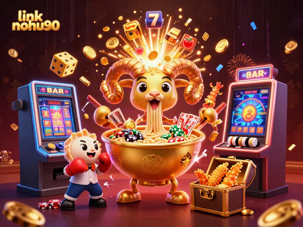 Engage in excitement with link nohu90, featuring a playful 3D casino scene filled with vibrant characters and casino elements.