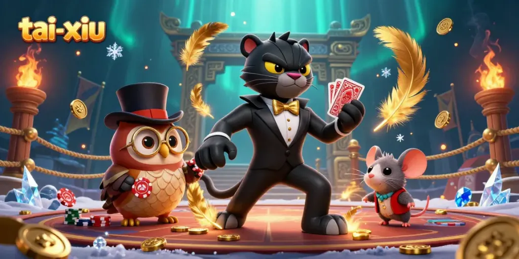 Engage in tai-xiu fun with a stylish panther dealer, an owl with poker chips, and a lucky mouse in an atmospheric casino