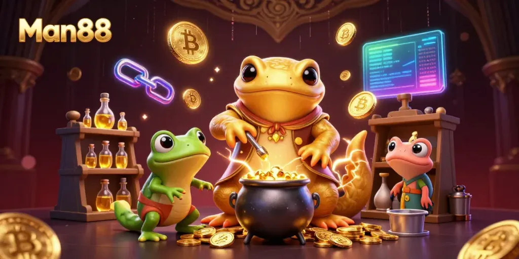 Man88 showcases an alchemist transforming metals into gold amidst vibrant gaming elements in a dynamic casino setting.