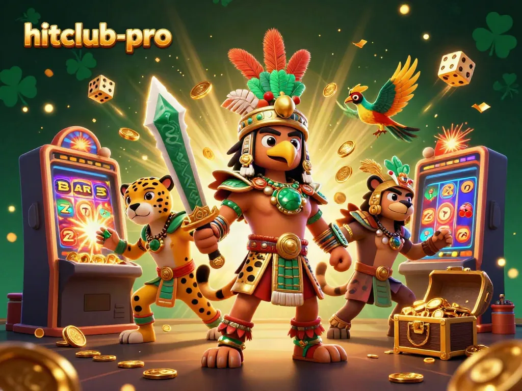 Join the excitement with hitclub-pro, featuring an Aztec warrior amidst thrilling casino elements and jackpots.