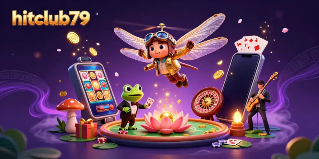 Experience the vibrant action of hitclub79 with a dragonfly pilot, frog dealer, and jazz-playing crickets in this dynamic casino scene.