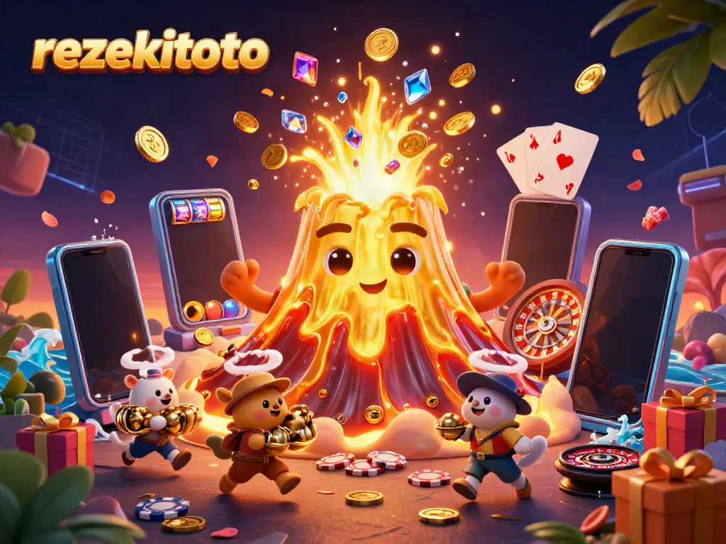 Experience the thrilling rezekitoto slots adventure with a golden volcano erupting treasures and exciting game elements.