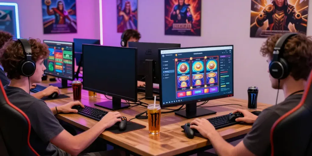 Dynamic gaming scene showcasing players enjoying link slot gacor on modern devices in a lively atmosphere.