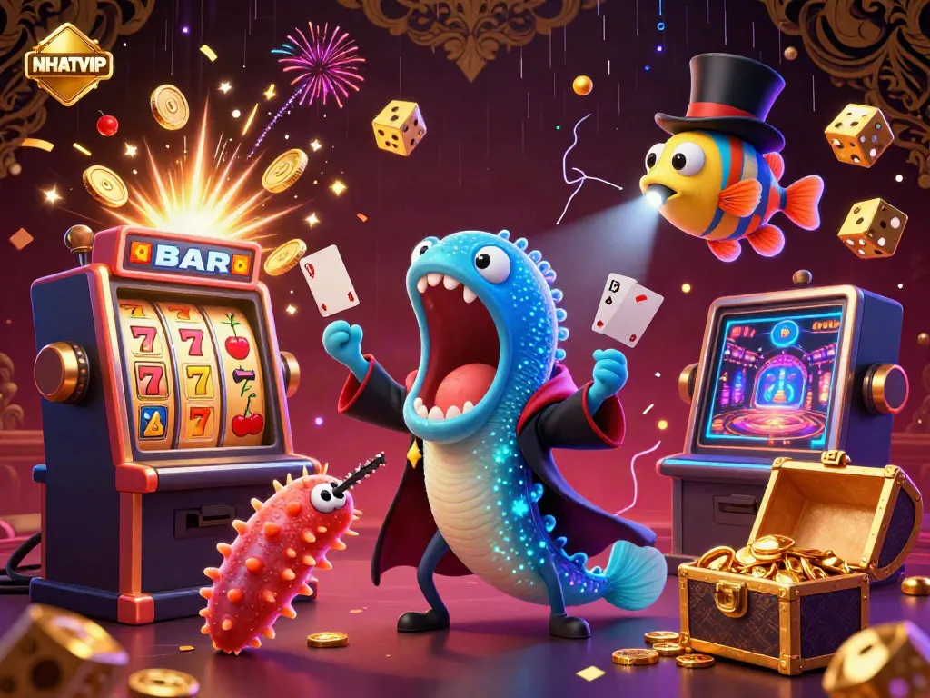 Experience thrilling moments with NHATVIP as a deep-sea eel performs card tricks in an immersive casino scene.