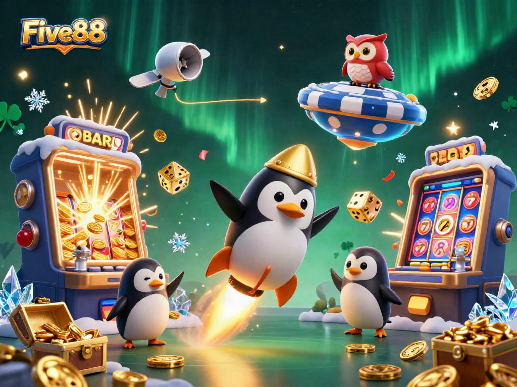 Experience the thrill of Five88 as a golden penguin rockets towards a prize-filled casino space station.