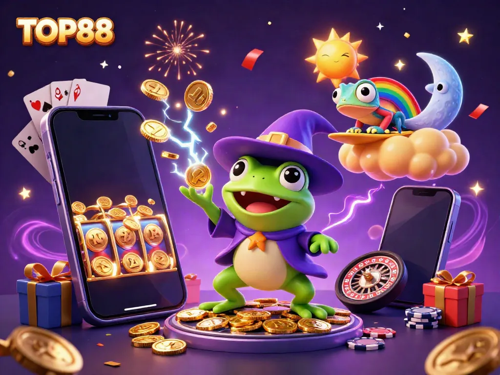 Experience TOP88 as a weather wizard frog conjures golden coin storms in a vibrant casino universe.