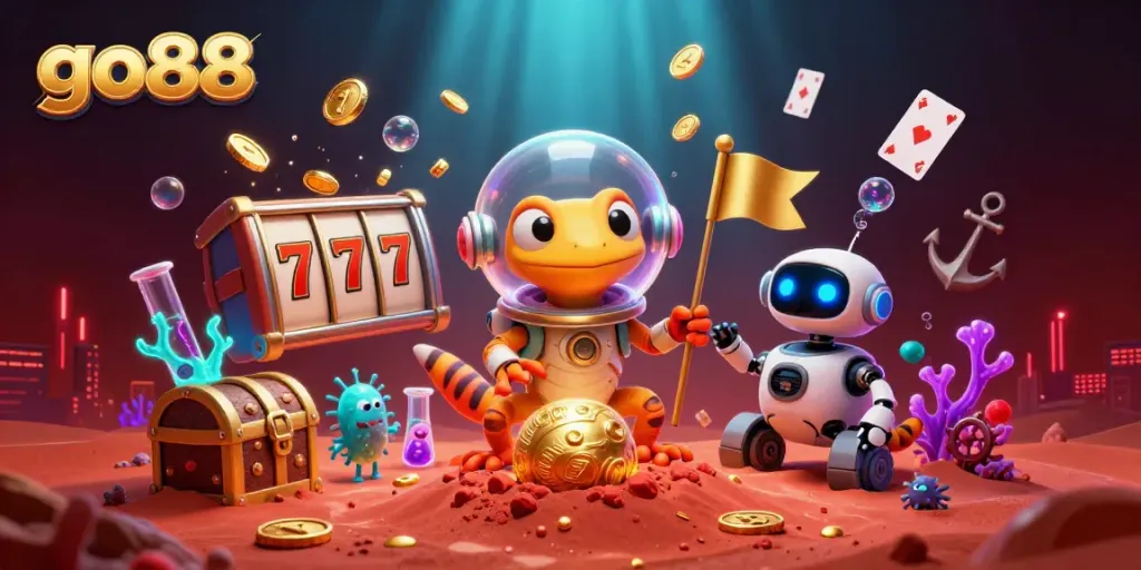 Experience the excitement of go88 with a Martian gecko discovering a golden casino among treasures on Mars.