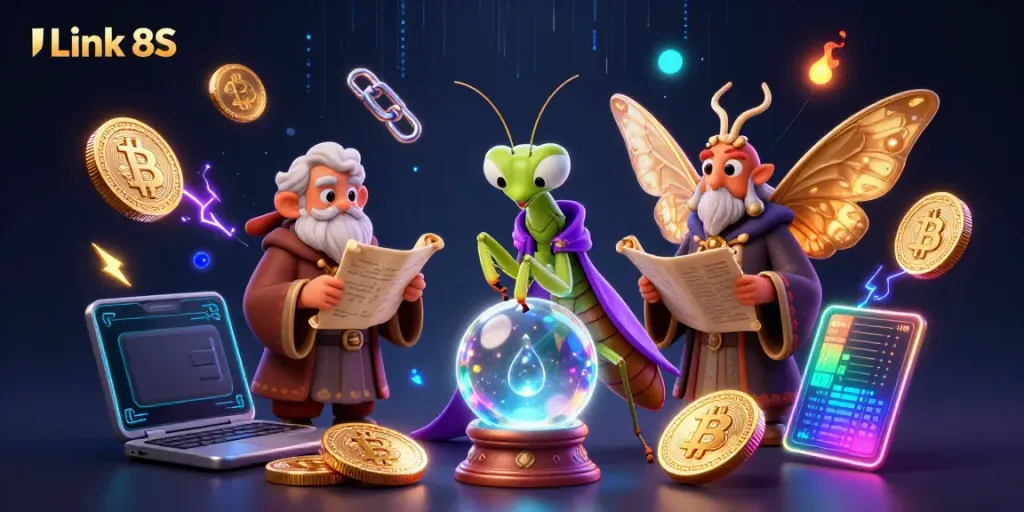 Experience the mystical world of Link 8S: a vibrant 3D casino illustration with magical characters and enchanting elements.