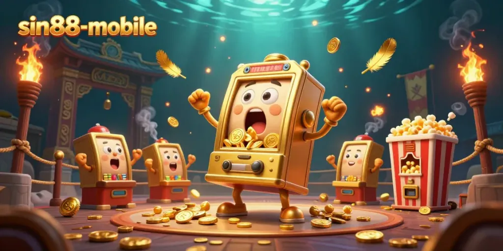 Experience joyful winnings with sin88-mobile's animated slot machines hitting jackpots in an exciting casino scene.