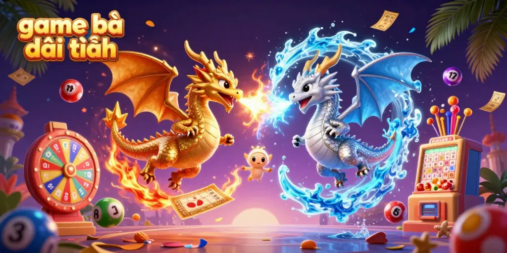 Engaging action in game bài đổi thưởng with dragons and colorful lottery elements, showcasing vibrant energy and excitement.