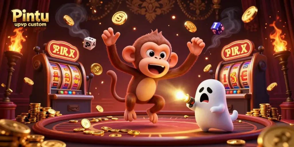 Engaging visual of Pintu upvc custom in a lively casino scene with juggled golden items.