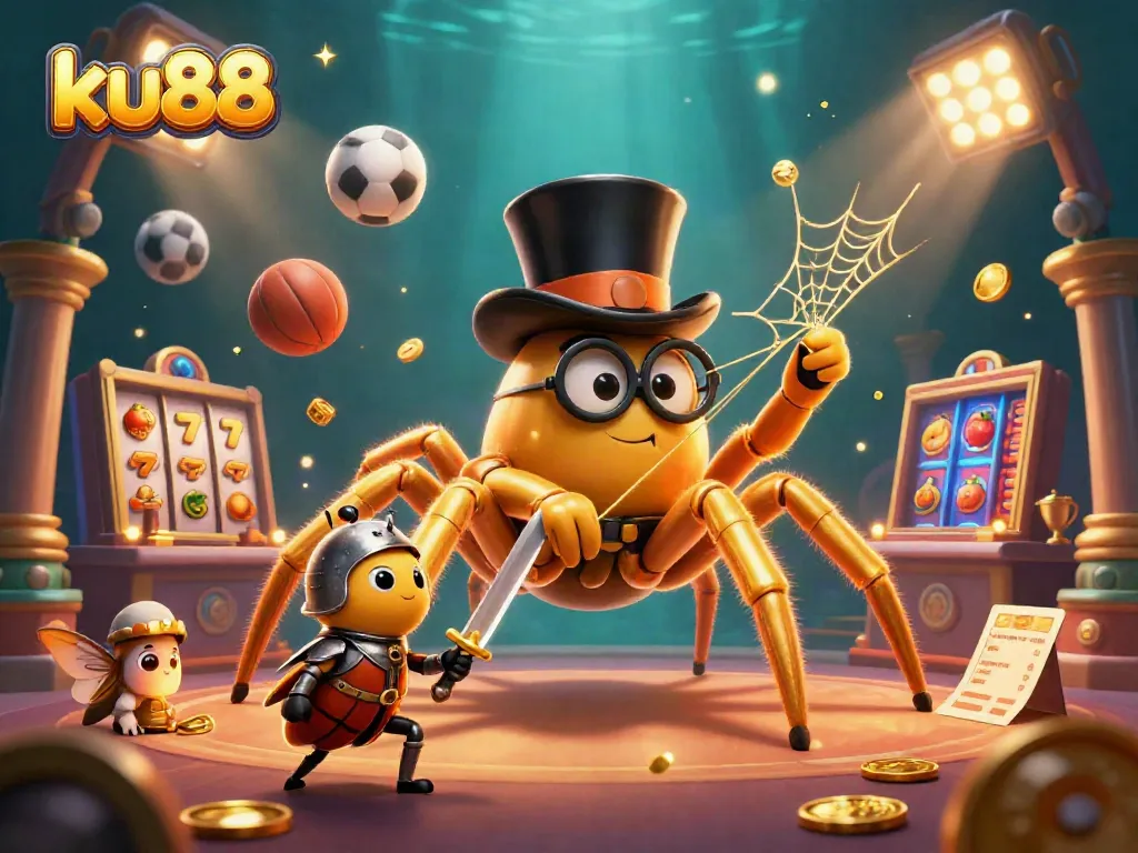Engage with exciting gaming at ku88, featuring a dynamic scene with a giant tarantula and beetle knight.