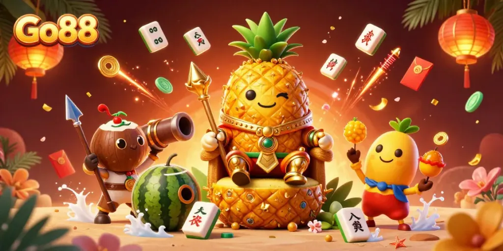 Experience thrilling gameplay with Go88's vibrant casino scene featuring a pineapple king and tropical elements.
