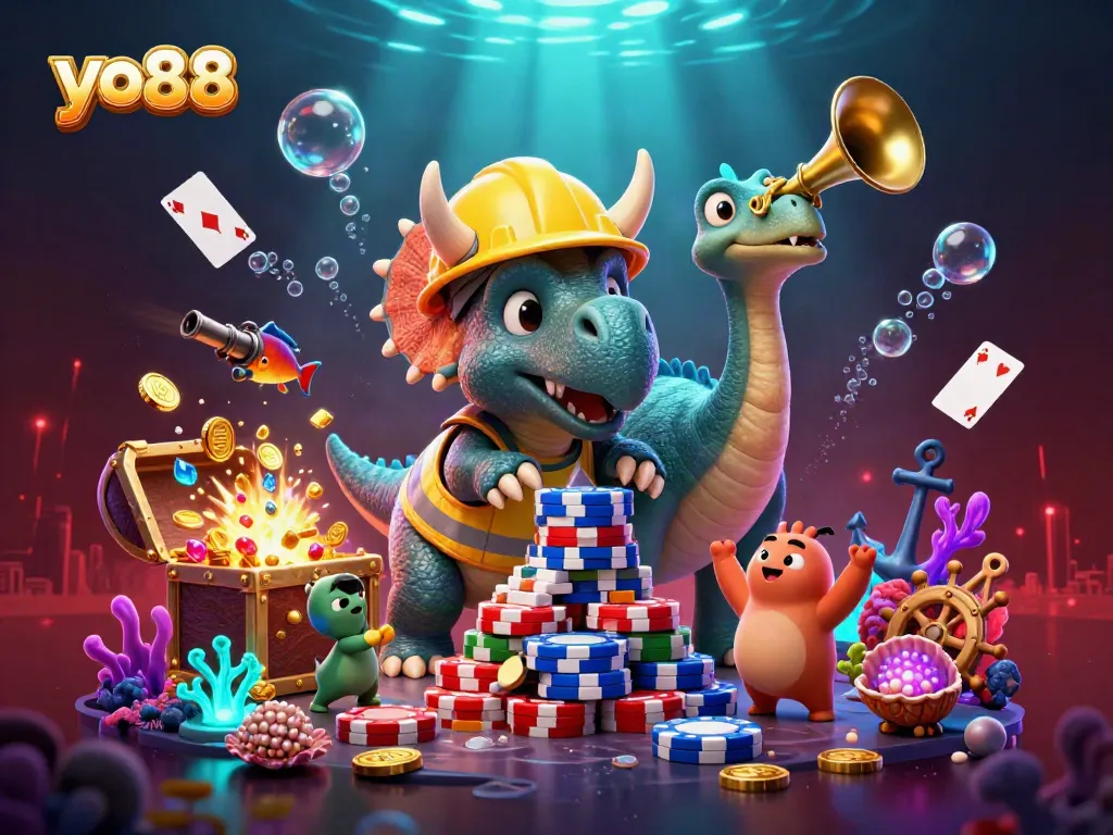 Join the excitement at yo88 with colorful underwater elements and dynamic casino characters celebrating wins