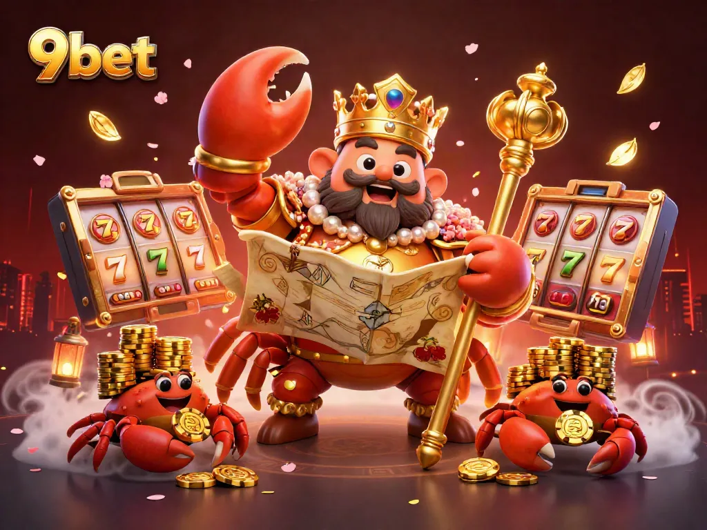 Experience thrilling slots and jackpots with 9bet’s vibrant gaming scene featuring a golden crab emperor.