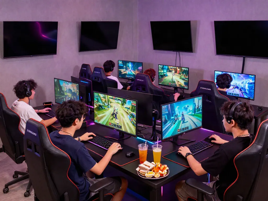 Group of friends enjoying competitive gaming at HITCLUB in a vibrant lounge setting.