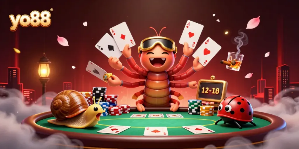Engage with yo88 as a millipede dealer showcases cards while a snail high-roller pushes chips.