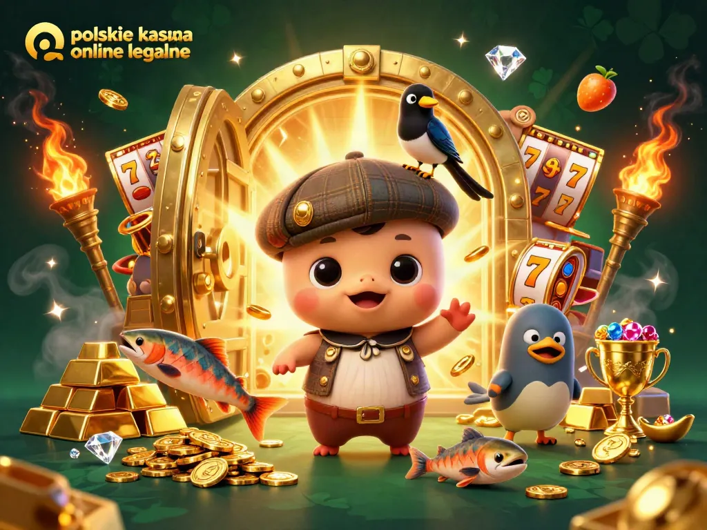 Experience the thrill at polskie kasyna online legalne with cartoon Nessie amidst treasures and slot symbols.