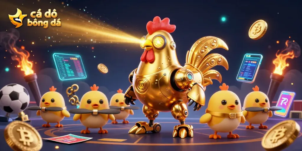 Engage in cá độ bóng đá with an energetic illustration of a golden rooster robot and chick drones.