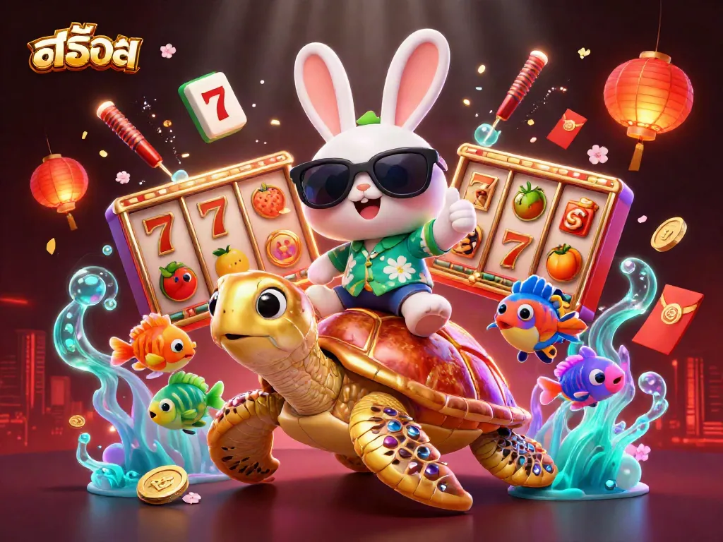 Spin and win big with สล็อต in this vibrant 3D casino illustration featuring a lucky rabbit and sea turtle.