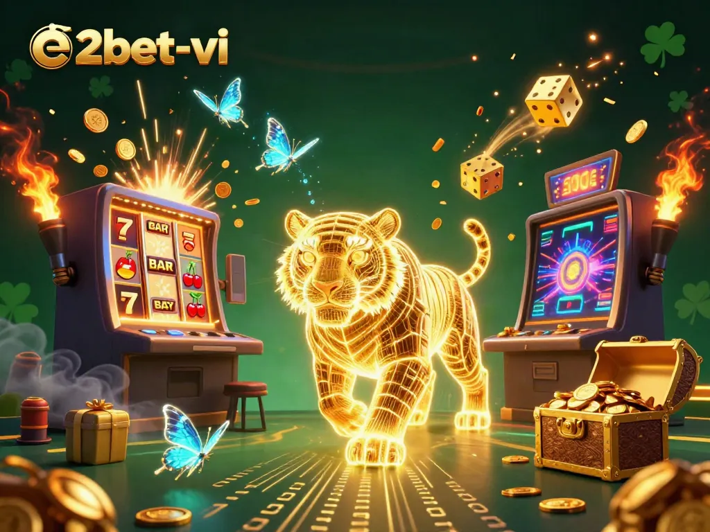 Engage with thrilling e2bet-vi jackpot excitement, featuring a golden tiger in a vibrant casino scene.