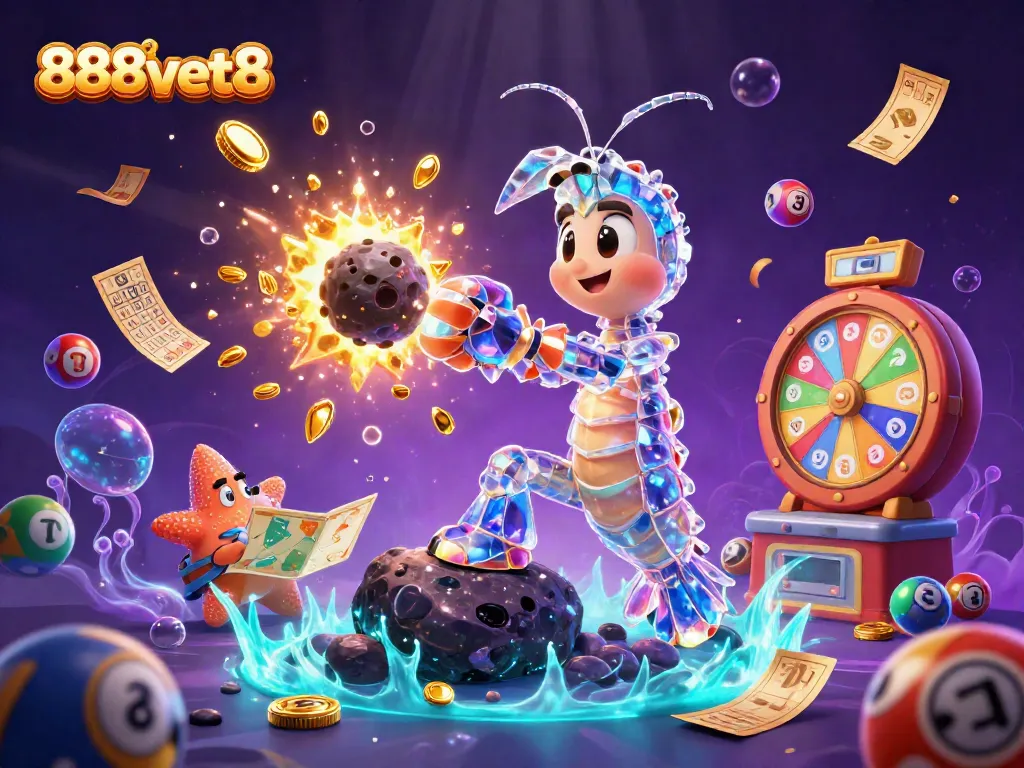 Win big with 888vbet8 in a vibrant scene featuring a galactic mantis shrimp and a starfish among gambling elements