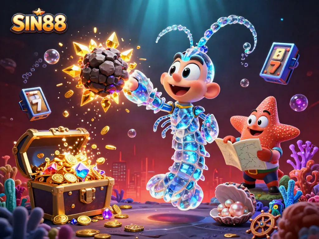 SIN88 showcases a vibrant underwater casino scene with animated characters, slot reels, and treasure chests bursting with coins.