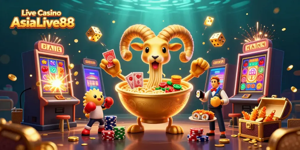 Experience the thrilling Live Casino AsiaLive88 with dynamic characters and vibrant casino elements bursting with energy.