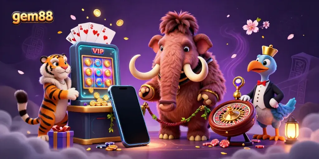 Experience gem88's vibrant casino through a woolly mammoth bouncer, a saber-tooth VIP, and a dodo bird doorman.