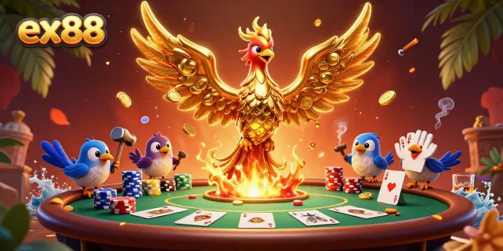 Experience exciting gameplay at ex88 with a golden phoenix, poker elements, and rich casino atmosphere.