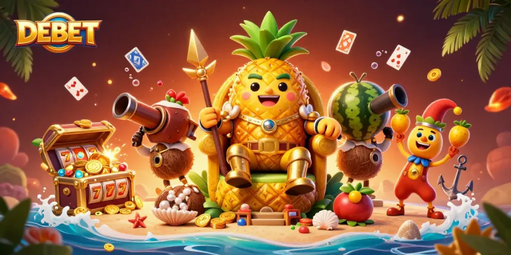 Engage with DEBET's vibrant casino scene featuring a golden pineapple king amidst slot reels and lively characters.