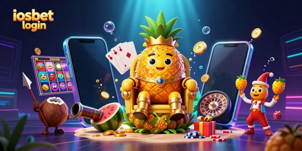 Ilustrasi ceria tentang iosbet login dengan raja nanas emas dan elemen kasino.