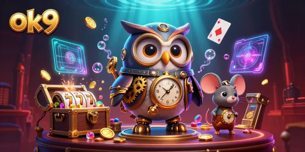 OK9 casino image featuring winning slots and a charming owl character in a vibrant scene.