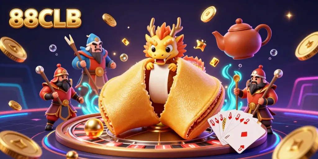 Experience exciting casino adventures with 88CLB's vibrant golden fortune cookie scene and dynamic game elements.
