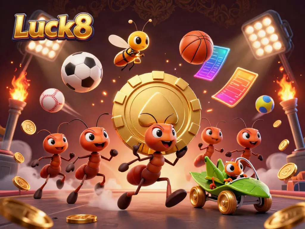 Luck8's cartoon heist scene with ants carrying a giant poker chip amidst flying sports memorabilia.
