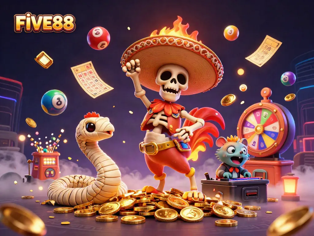 Experience the excitement of FIVE88 casino with a vibrant scene featuring a mariachi rooster, mummy, and DJ