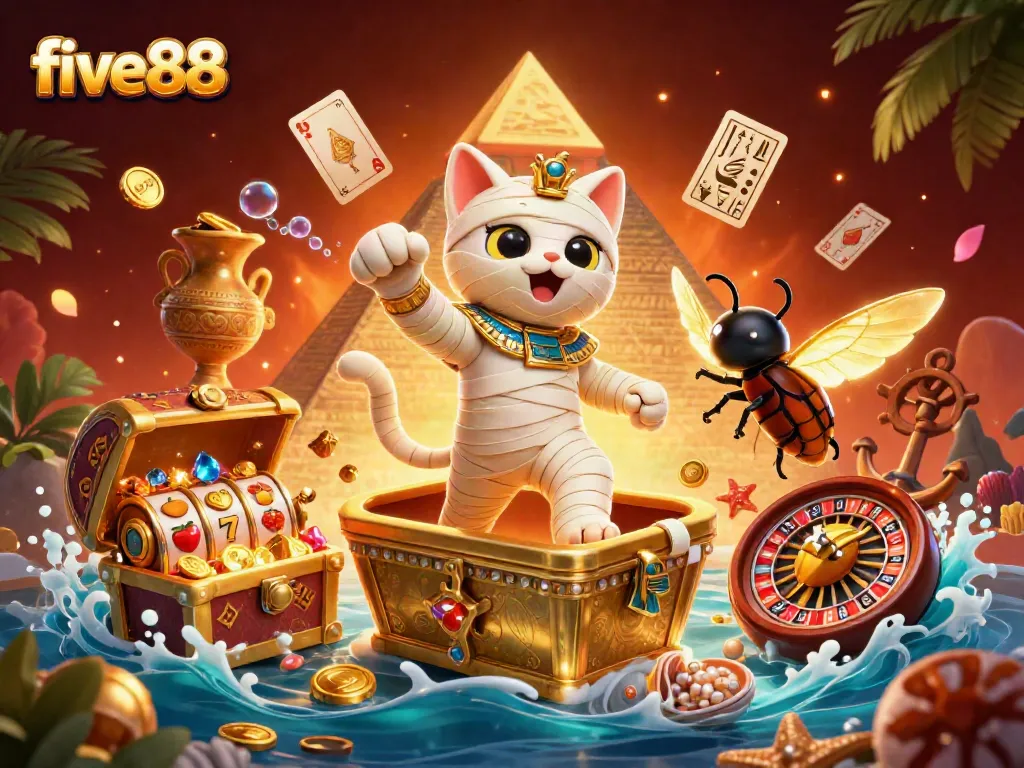 Experience five88 with an exciting 3D casino scene featuring an Egyptian mummy cat, slot reels, and dynamic game elements.