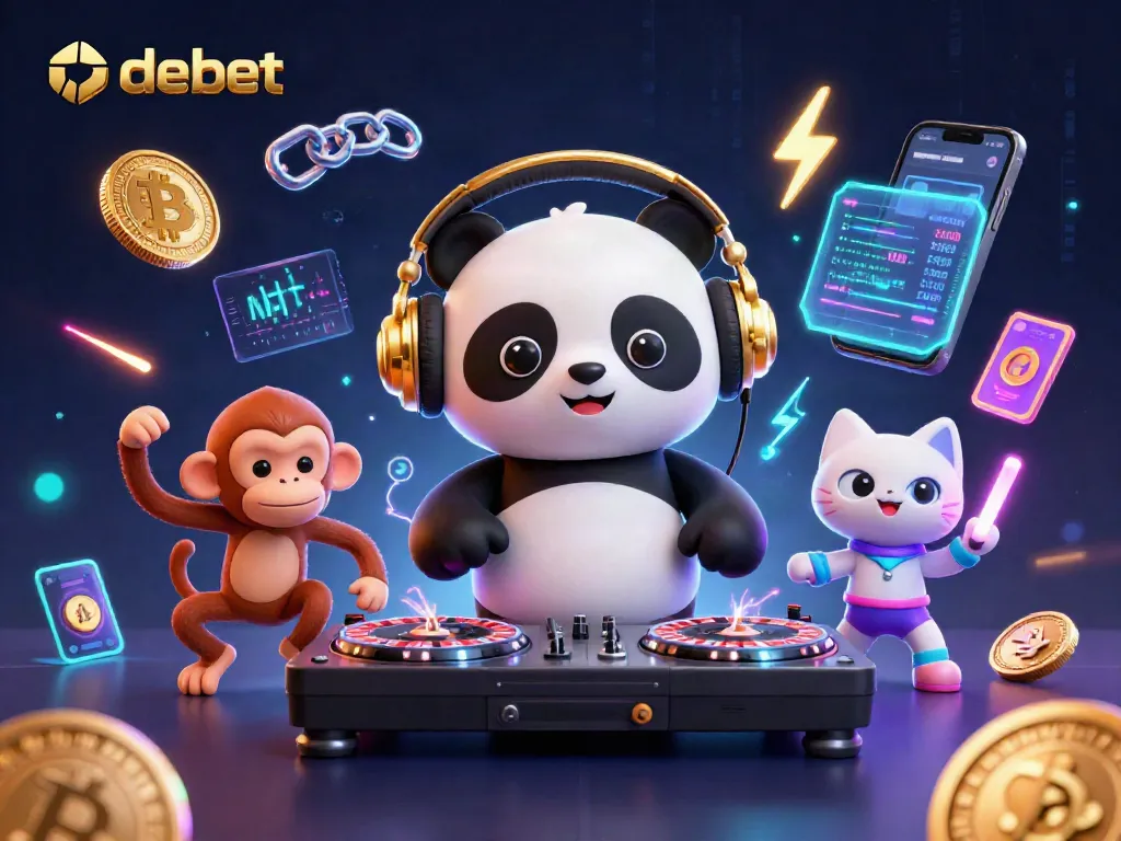 Engage with debet gaming excitement featuring a DJ panda, dancing monkey, and rave kitten amidst neon glow and dynamic casino elements.