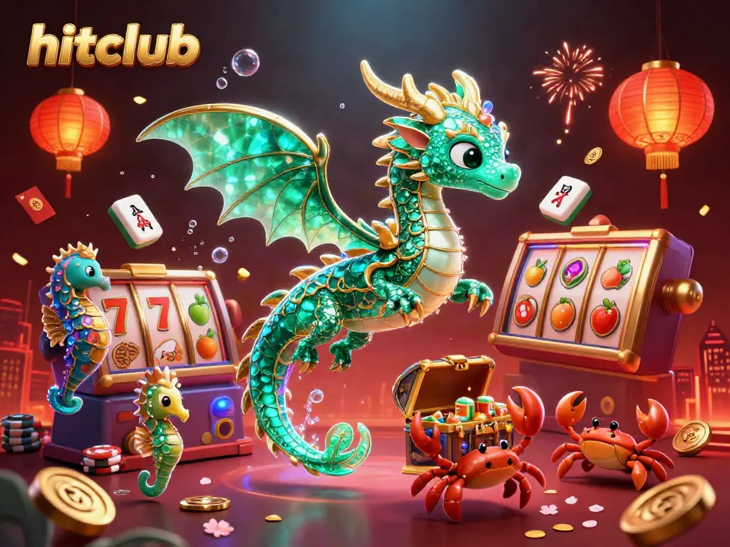 Hitclub shines brightly with vibrant casino slots, sea dragons, and treasure in a dynamic scene.