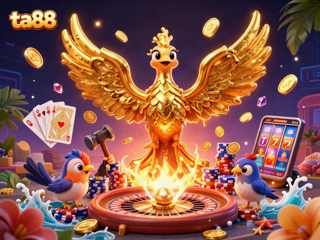 Experience thrilling wins at ta88 with vibrant 3D casino elements and dynamic golden visuals.