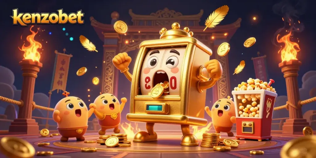 Kenzobet captivates players as golden coins burst from the cheerful slot machine's mouth during a thrilling jackpot.