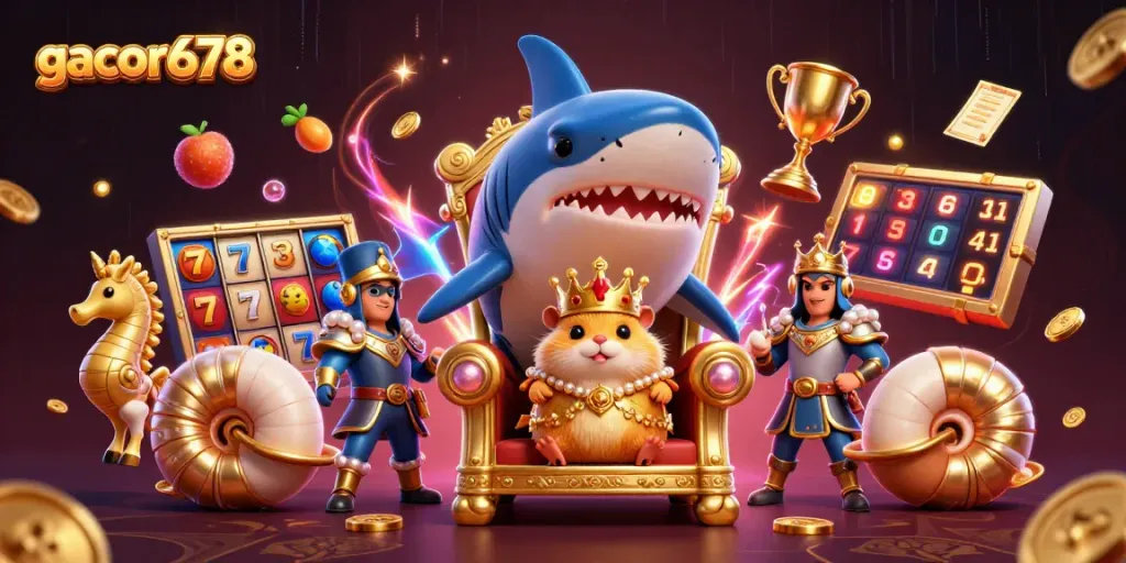 Engage with gacor678's vibrant casino world featuring a golden hamster king and dynamic slot reels.